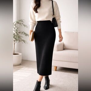Korean Wool Cashmere Knit Midi Skirt Black High Waist Minimal Capsule Soft Luxe